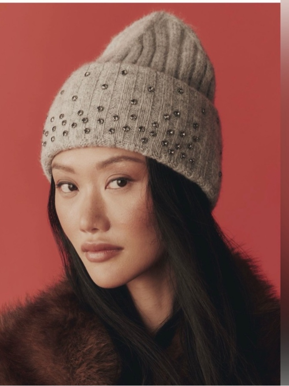 Embellished Ribbed Knit Beanie - Gray